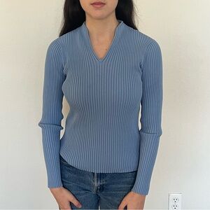 Talbots Blue V-Neck Ribbed Sweater Long Sleeve 90s